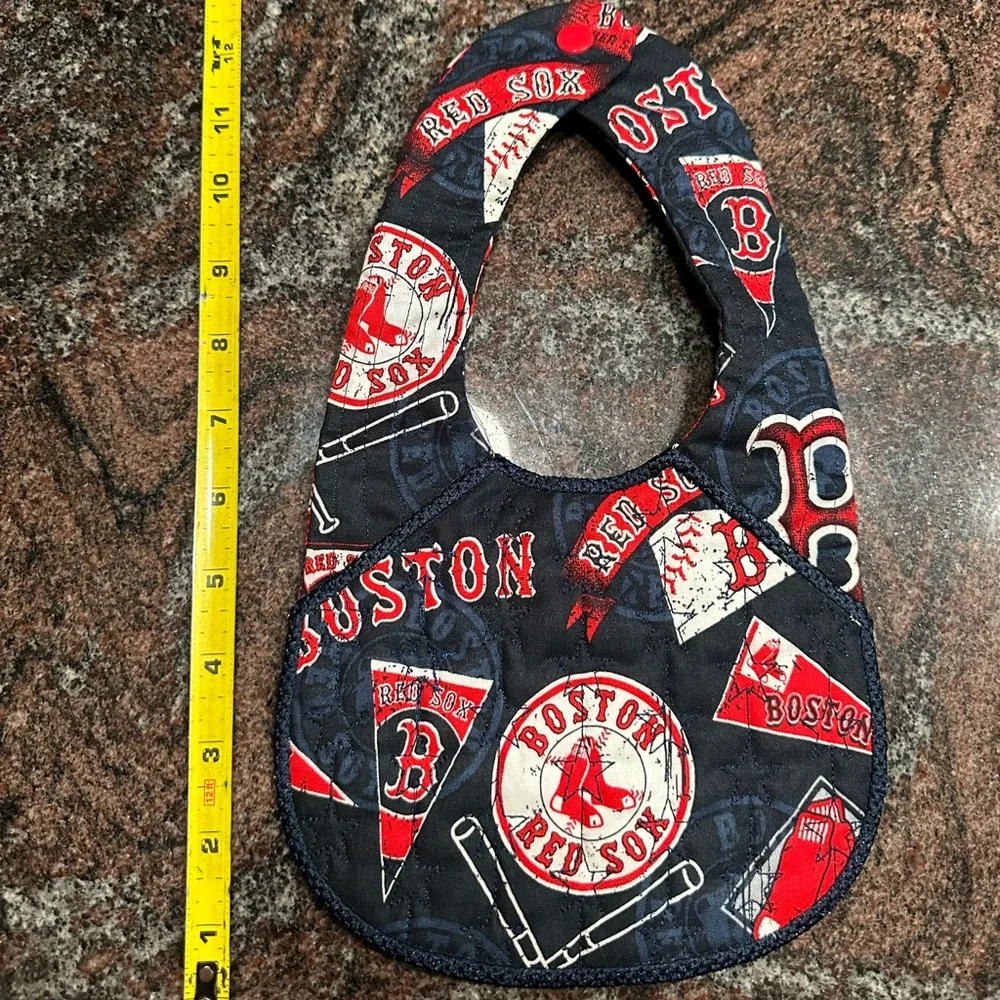 Handmade reversible quilted baby bib in Boston Red Sox print